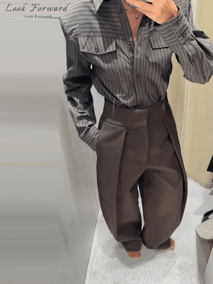Vintage proužkovaná souprava košile a kalhot dámská podzimní streetwear 2025