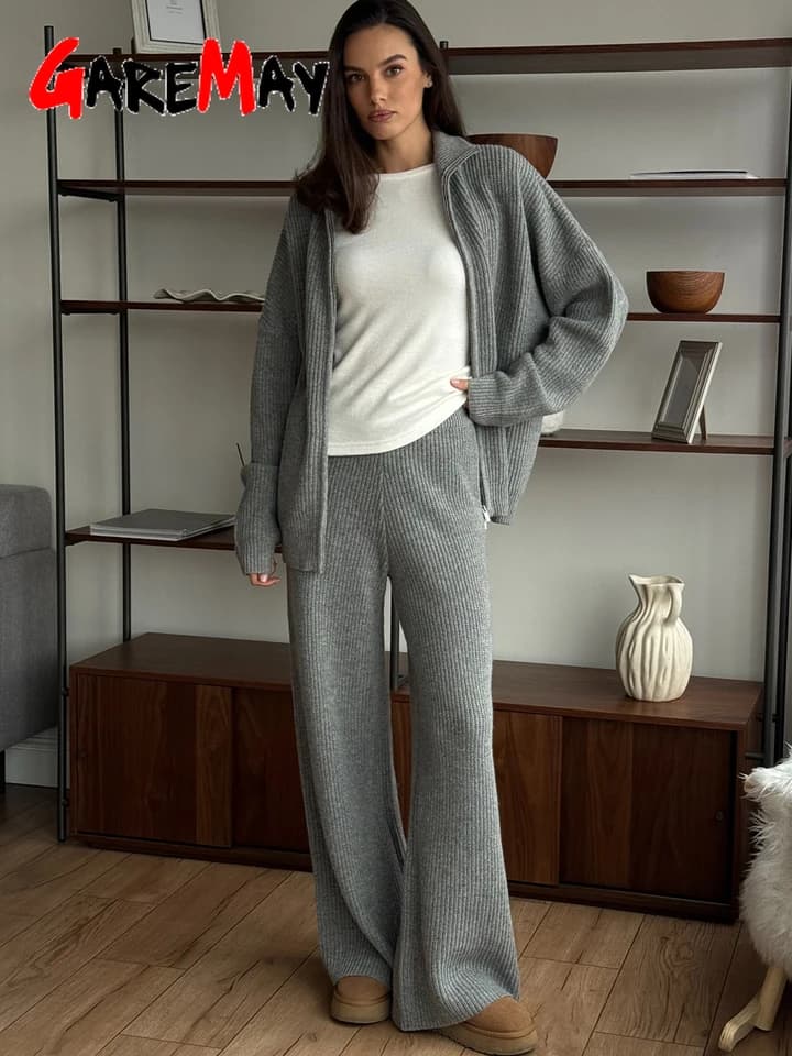 Zimní dámská oversize dvojdílná pletená souprava s kalhotami a svetrem na zip šedá
