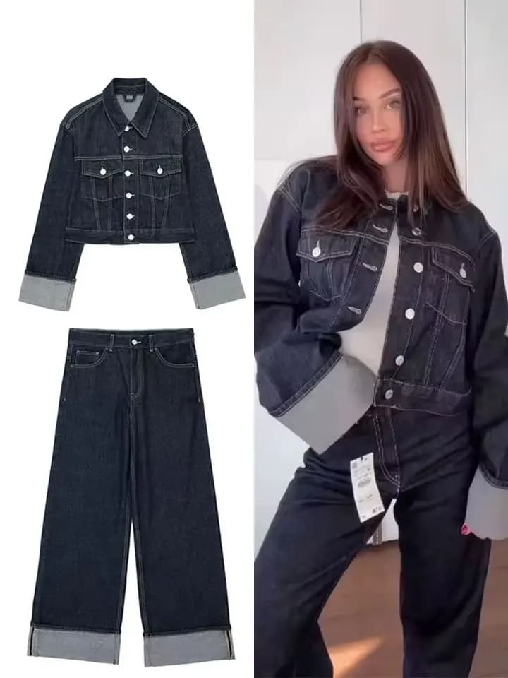 Podzim 2024 dámský vintage denimový set sako s límcem a džíny s širokými nohami