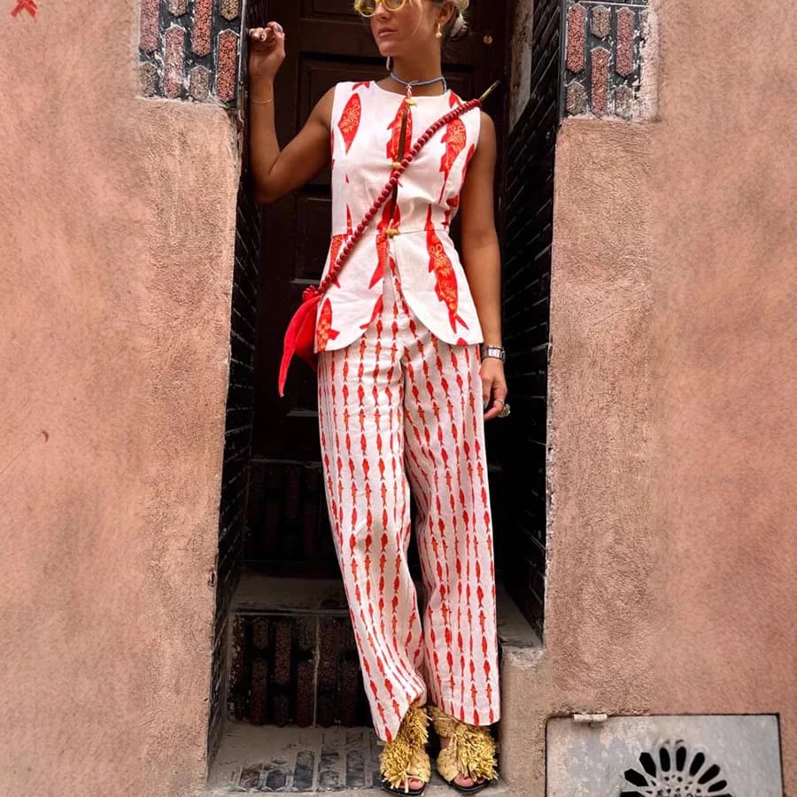 Letní dámská 2dílná souprava top s kresleným rybím potiskem a širokými nohavicemi