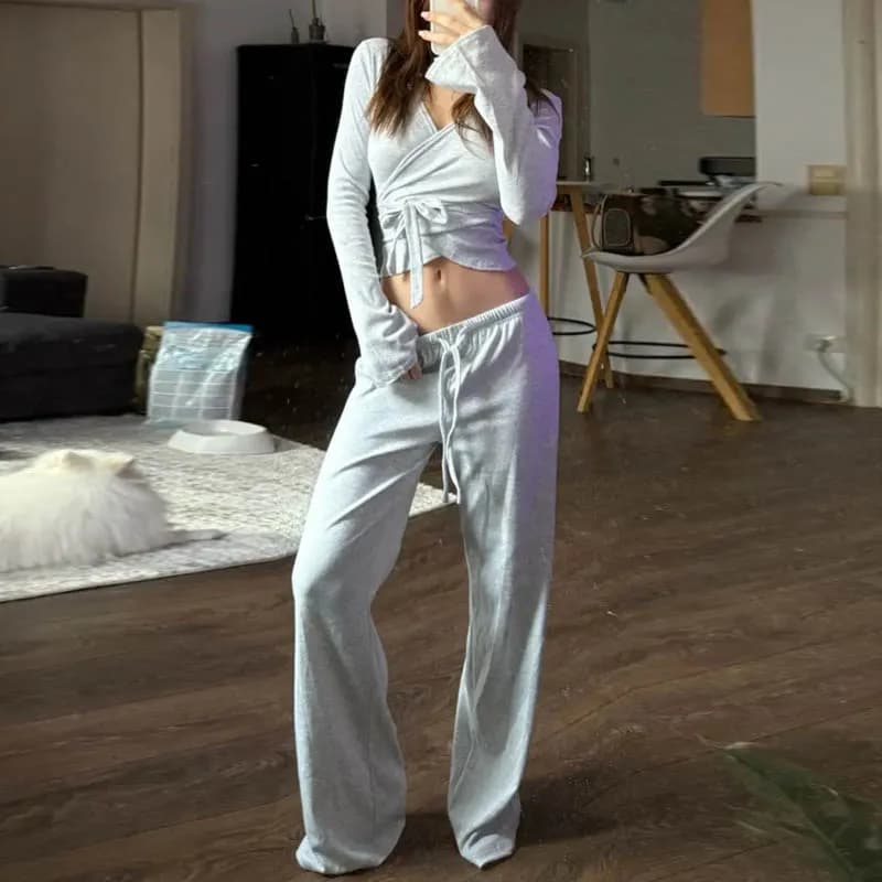 Dámská lounge sada 2 díly vintage V výstřih šněrování v pase tričko elastické kalhoty crop top