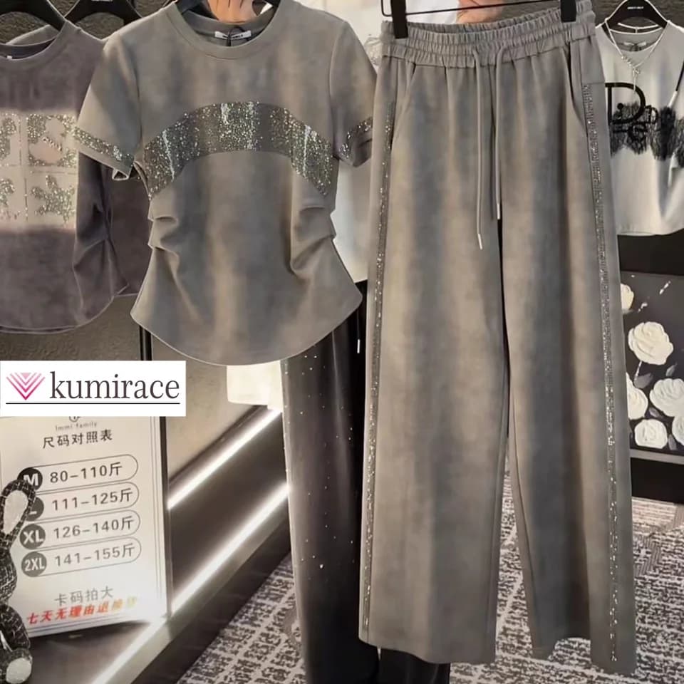 Letní dvoudílný set pro ženy s elastickým pasem a kamínky, tričko s krátkým rukávem a volné kalhoty