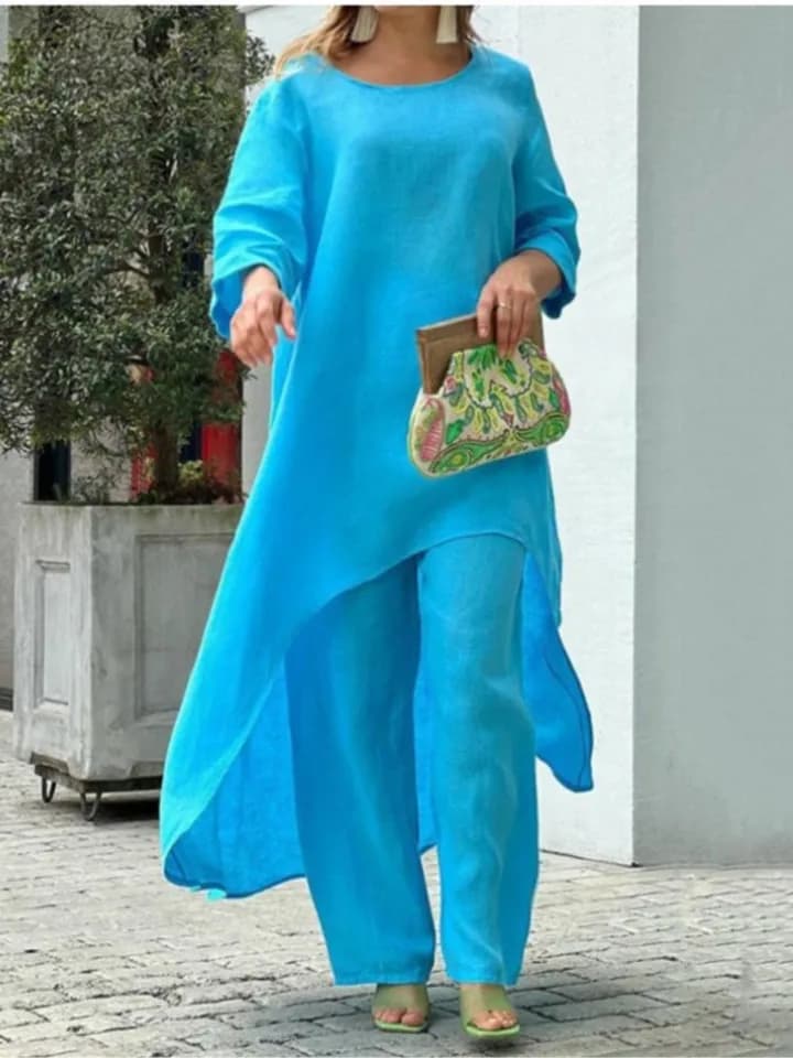 Dvoudílná souprava z bavlněného lnu se širokými nohavicemi jednobarevná kancelářská móda