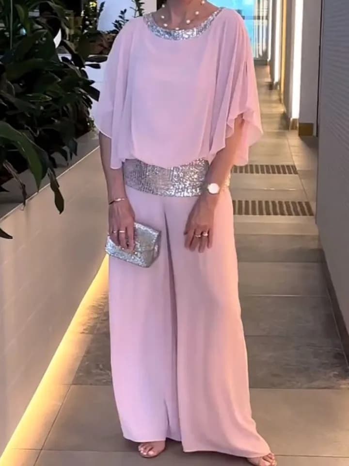 Dámský set 2 díly flitrová patchwork halenka s batwing rukávy a široké kalhoty růžová