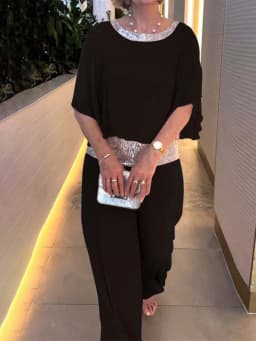 Dámský set 2 díly flitrová patchwork halenka s batwing rukávy a široké kalhoty růžová - náhled 4