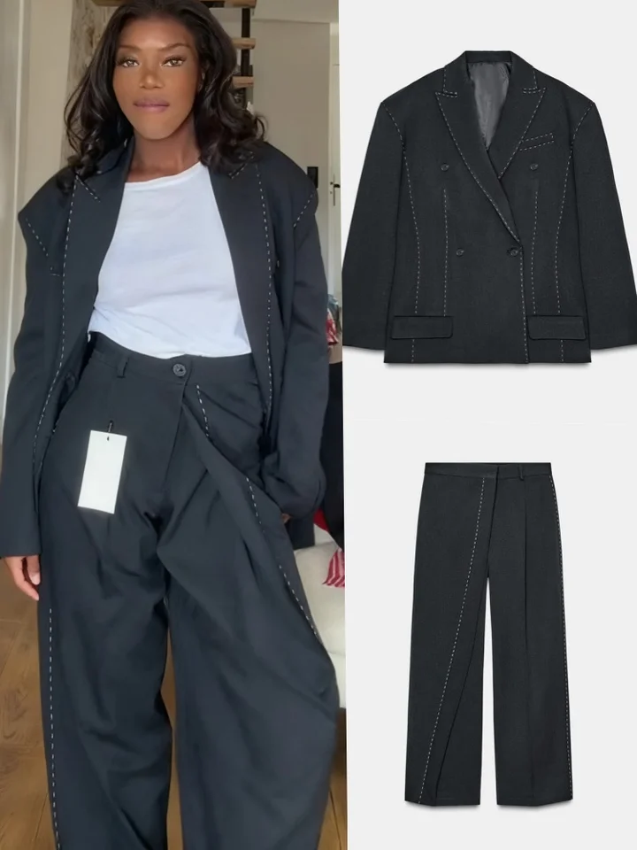 Oversize sako a kalhoty dvouřadový blazer s kontrastními stehy strukturovaný kostým retro