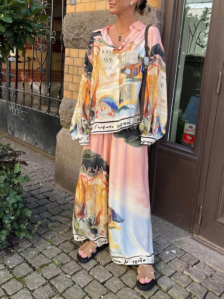 Potištěný dvoudílný set košile s dlouhým rukávem a širokými kalhotami s elastickým pasem jarní look