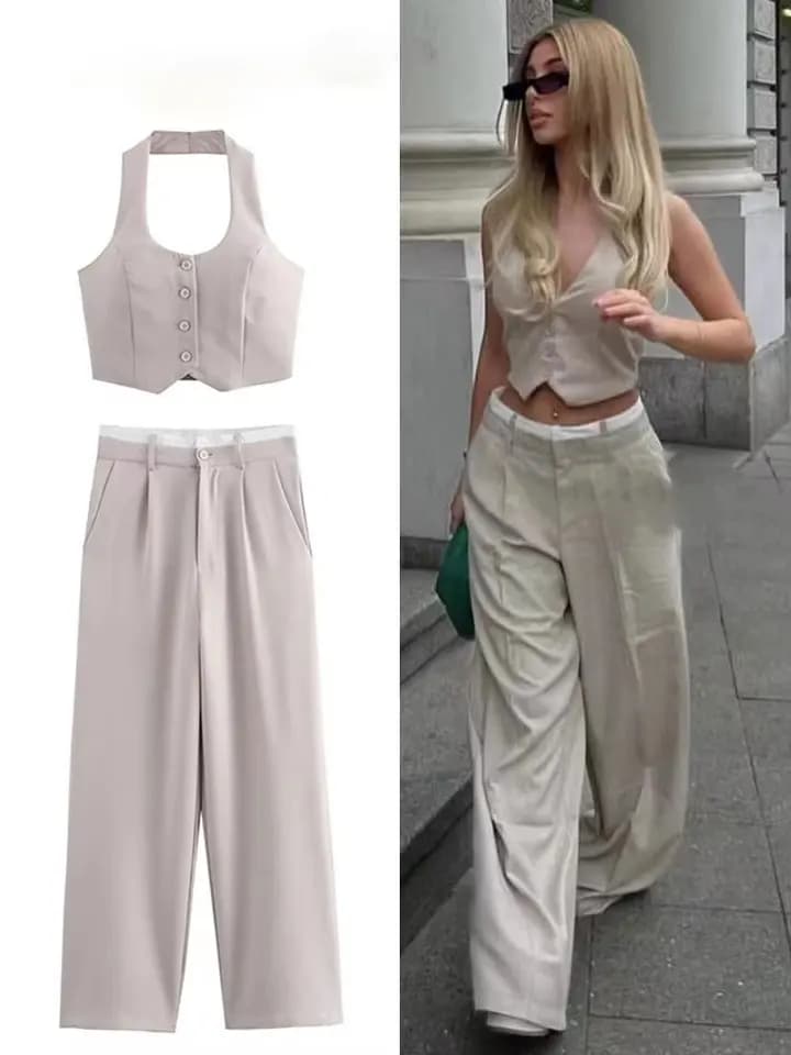 Dámský vestový kostým s patchwork kalhotami pro kancelář s krátkým halter topem