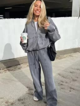 Dámská podzimní 2dílná souprava bunda se zipem a mikina a široké kalhoty s vysokým pasem streetwear - náhled 5