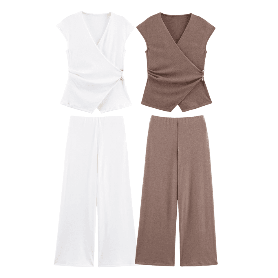 Letní dámský dvoudílný set s topem bez rukávů s V-krkem a pinem, kalhoty se středně vysokým pasem