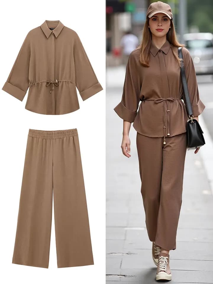 Dámský kimono styl halenka a kalhoty set dlouhý rukáv šněrování volný střih jarní outfit