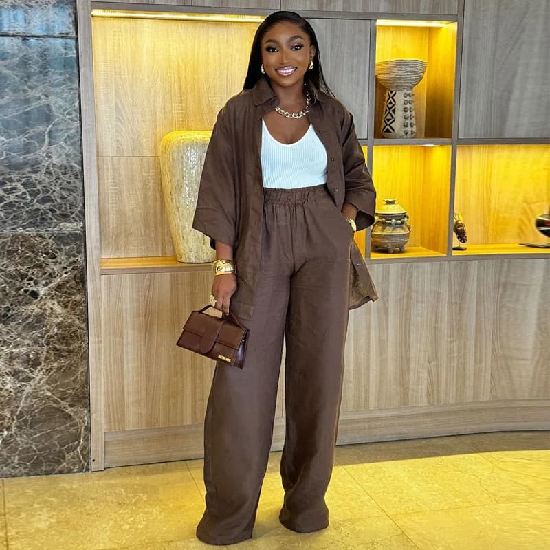 Dámská souprava bavlněná a lněná 2 díly jaro léto volná oversize košile a kalhoty do kanceláře