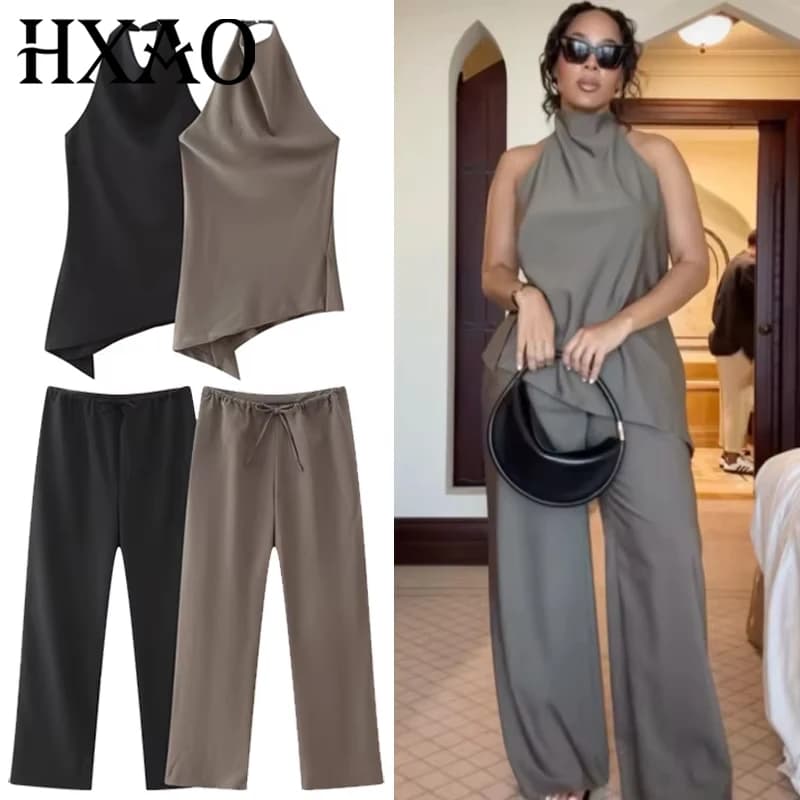 Saténový dvoudílný set pro ženy asymetrický halter top a šněrovací kalhoty s vysokým pasem