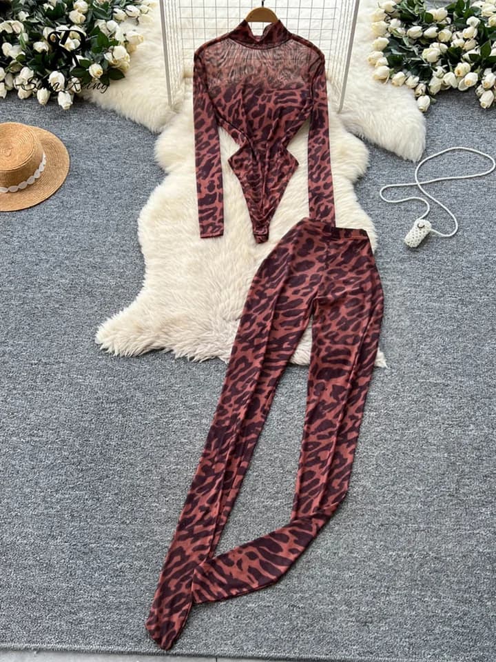 Dámský leopardí gázový set bodysuit s rolákem a dlouhými kalhotami