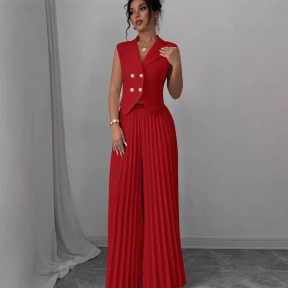 Letní dámská elegantní jednobarevná dvoudílná souprava top bez rukávů a kalhoty pro práci