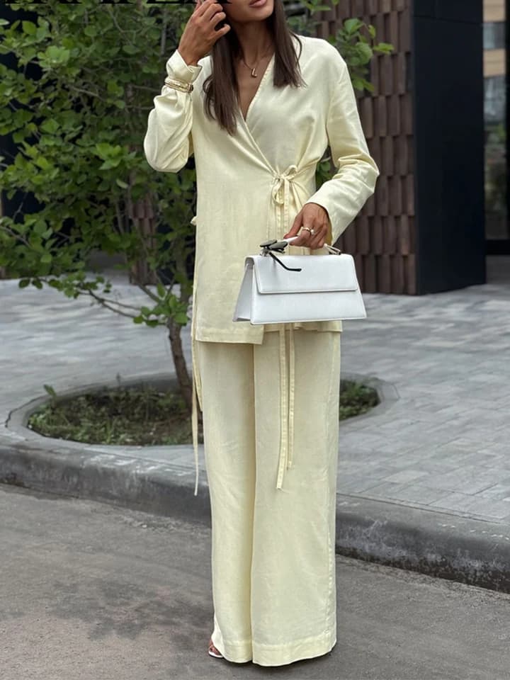 Dámská lněná dvoudílná souprava Kimono styl topy se šněrováním široké nohavice jaro léto 2025