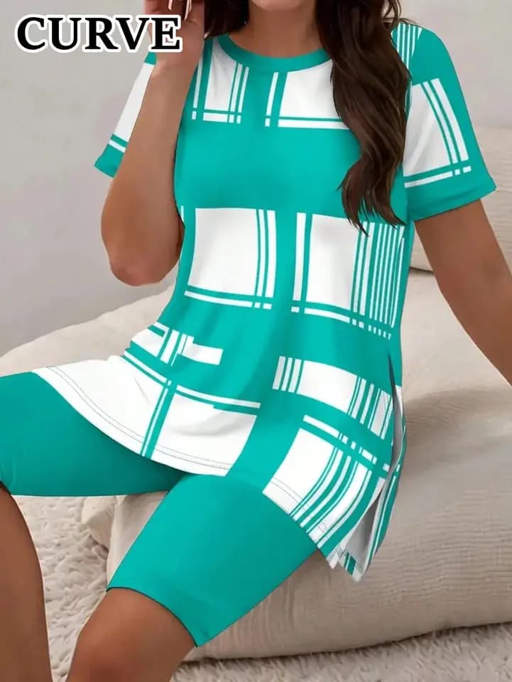 Plus Size Dámská Dvoudílná Letní Kostkovaná Souprava 1XL–5XL Tričko s krátkým rukávem a kraťasy