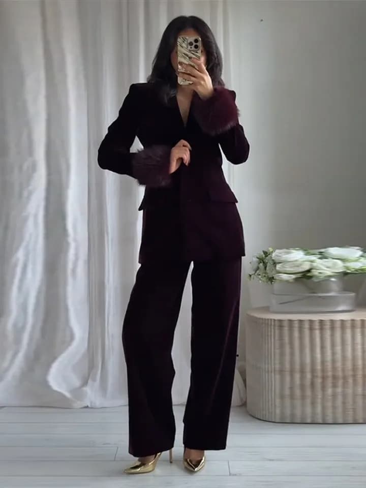 Elegant Velvet Coat Pants Women Set Fur Collar Patchwork Blazer Straight Trousers 2025 Winter Spring Fashion Lady Outfit
