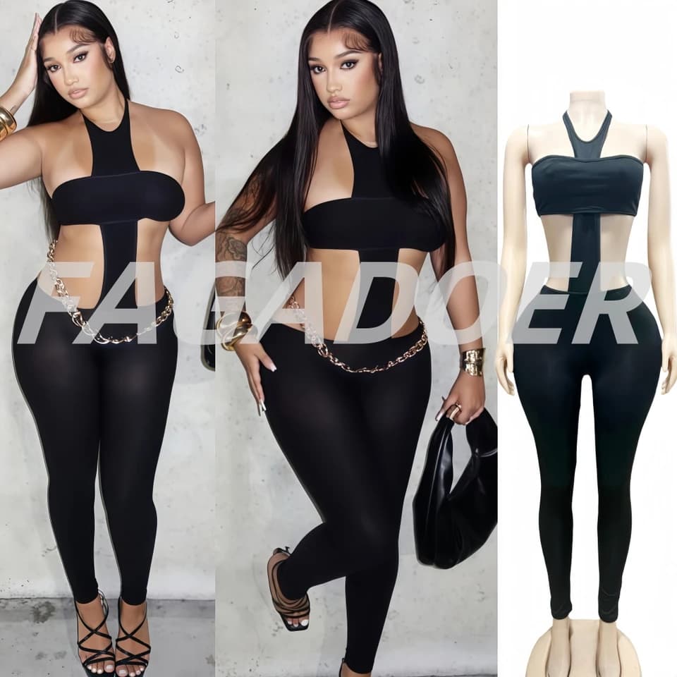 Y2K dvoudílný outfit crop top halter bez ramínek skinny kalhoty streetwear