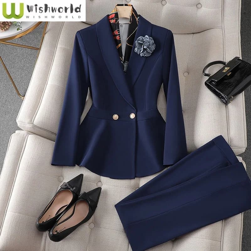 Podzimní dvoudílná souprava sako a tužkové kalhoty Elegantní dámský kancelářský outfit
