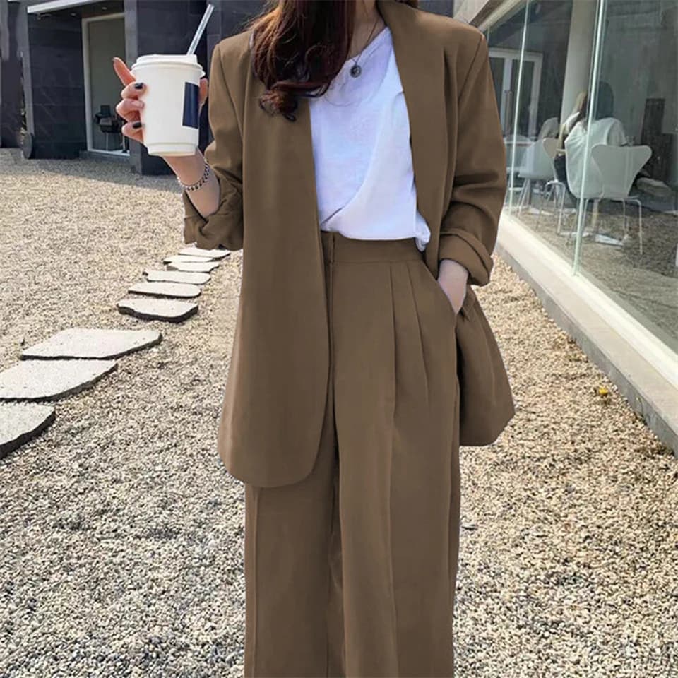 Sada kostýmu pro ženy se širokými nohavicemi Elegantní business set sako kardigan vysoký pas