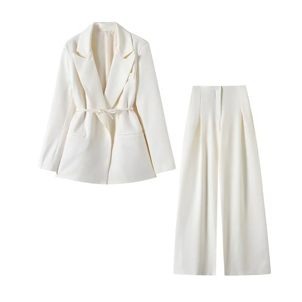 Dámské sako s dekorativním opaskem s dlouhým rukávem a plisované kalhoty s vysokým pasem