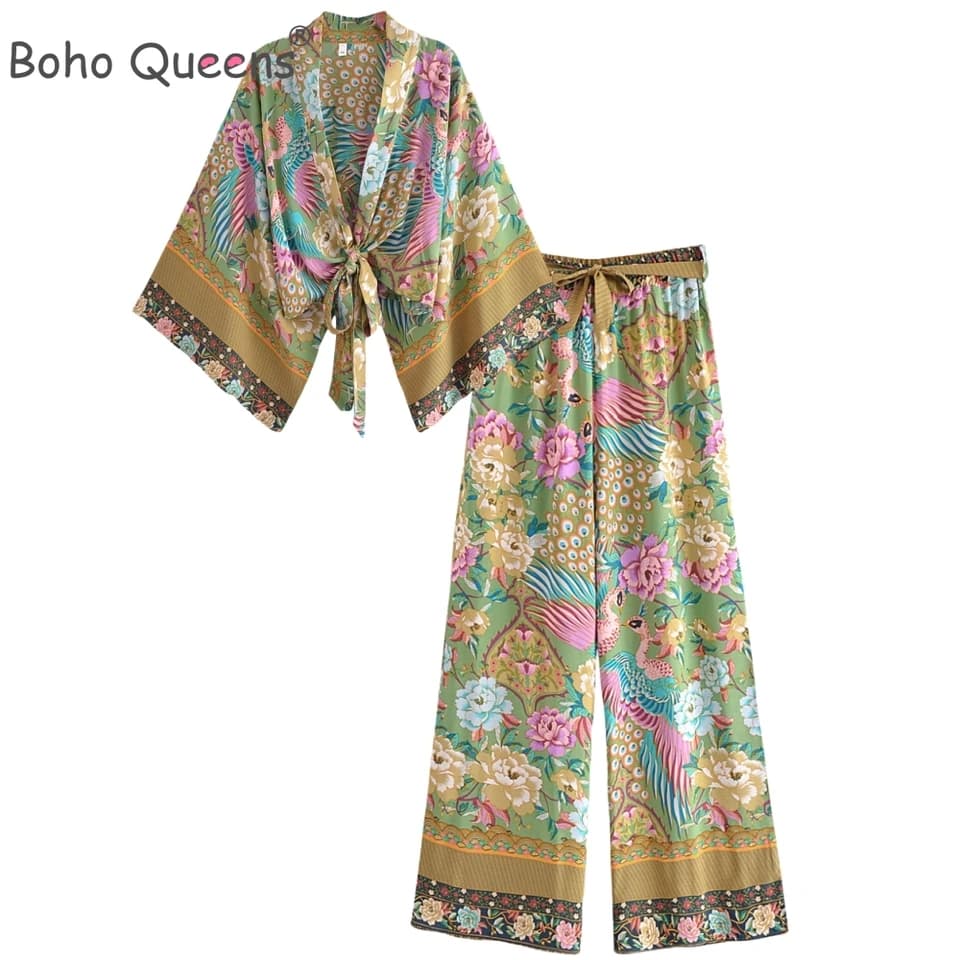 Boho 2dílný set paví květinový vzor krátký kimono župan a široké kalhoty rayonový materiál