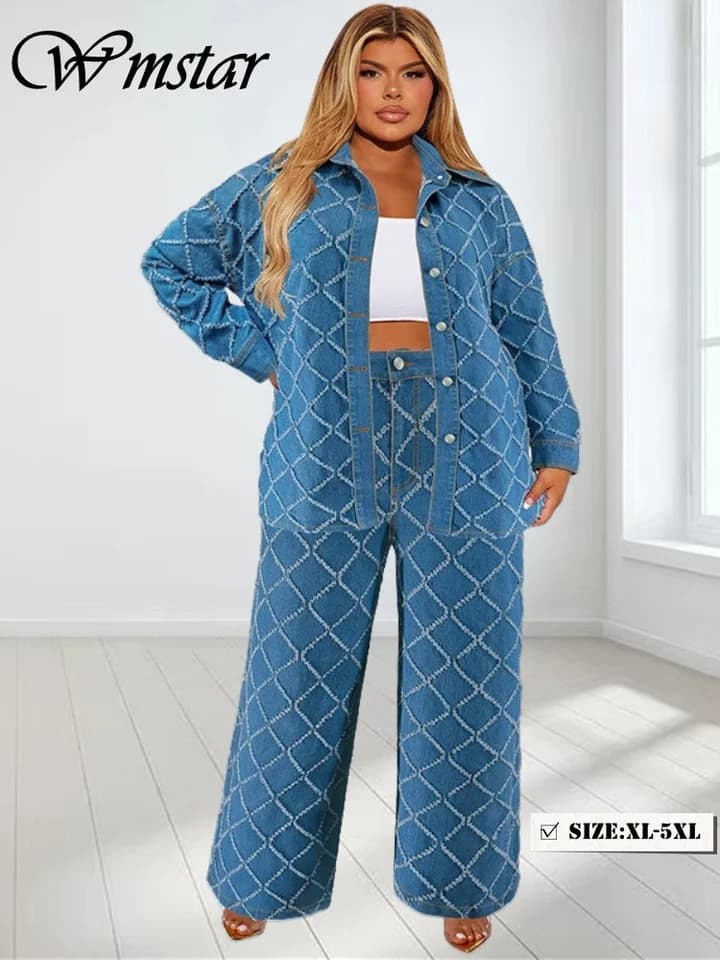 Plus Size denimový dvoudílný podzimní set pro ženy s potiskem top s dlouhým rukávem a kalhotami
