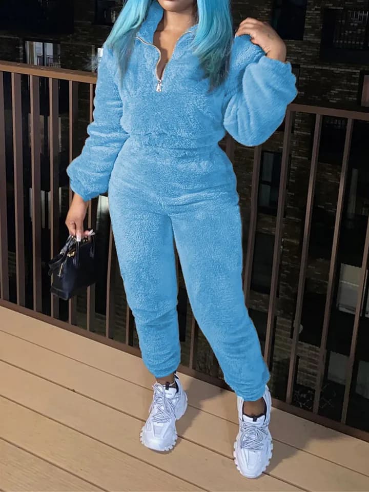 Zimní plyšová dvoudílná souprava pro ženy teplé domácí oblečení se zipem a límcem s elastickým pasem