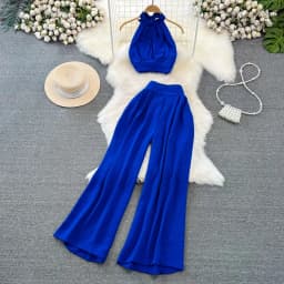 Letní dvoudílný set pro ženy sexy ramínkový top a vysoký pas se širokými nohavicemi zelená černá červená - náhled 6