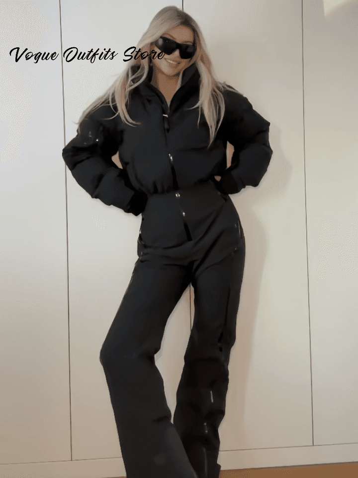 Dámský zimní lyžařský overal se stojáčkem zip dlouhý rukáv teplý široké nohavice 2025 městský styl