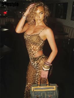 Leopardí síťovaný dvoudílný set body s tenkými ramínky a zvonové kalhoty klubový outfit - náhled 5
