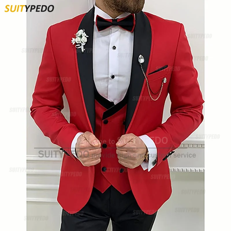 Pánský červený 3dílný oblek Slim Fit Formální Svatební Plesový Sako Vesta Kalhoty Set
