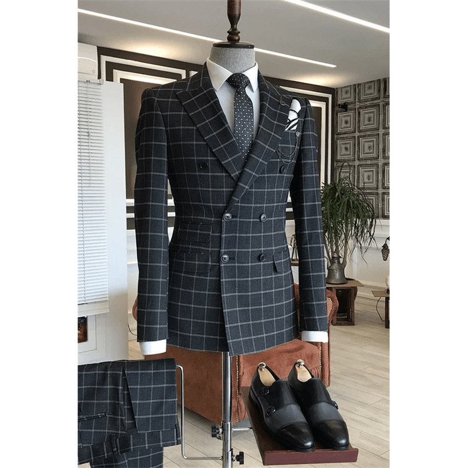 Pánský černý kostkovaný dvoudílný oblek, slim fit, svatební, obchodní, formální, sako, kalhoty