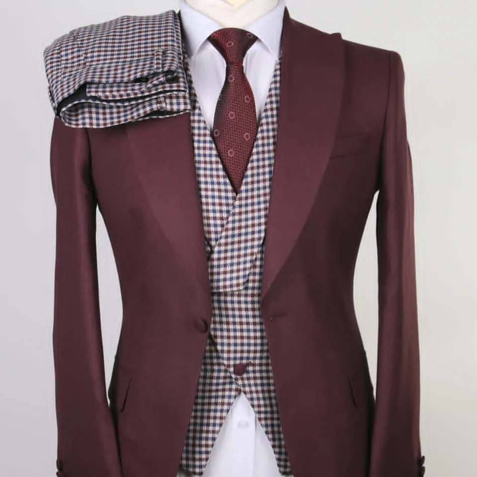 Pánský 3dílný slim fit oblekový set s jedním knoflíkem, klopou, sako, kalhoty, vesta, svatební párty