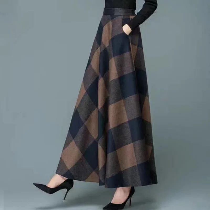 Dámské kostkované midi sukně s vysokým pasem, plus size, vintage áčkové šaty, podzim/zima