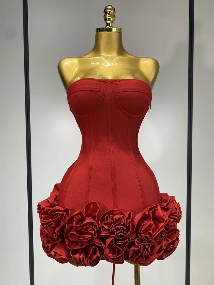 Dámské mini šaty s květinovým vzorem a odhalenými zády bez ramínek - Bodycon, párty, koktejlové, večerní, klubové