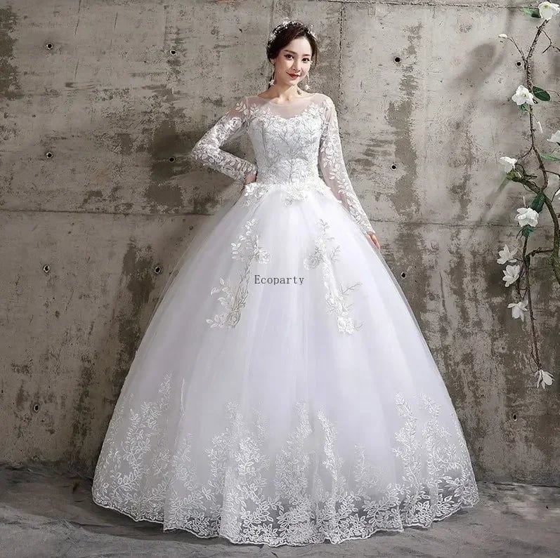 Bílé krajkové svatební šaty Elegantní svatební šaty Klasické dlouhé rukávy pro ženy Letní formální šaty