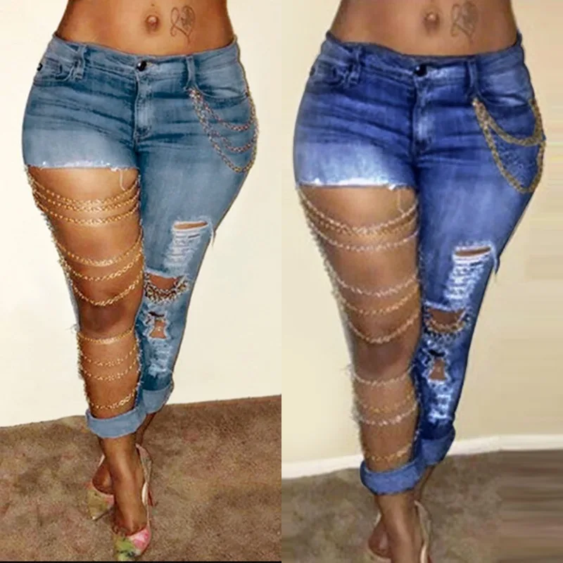 Dámské džíny Distressed Denim s řetízkovými detaily - Slim Fit, Vysoký Pas, Roztrhané, Úzké