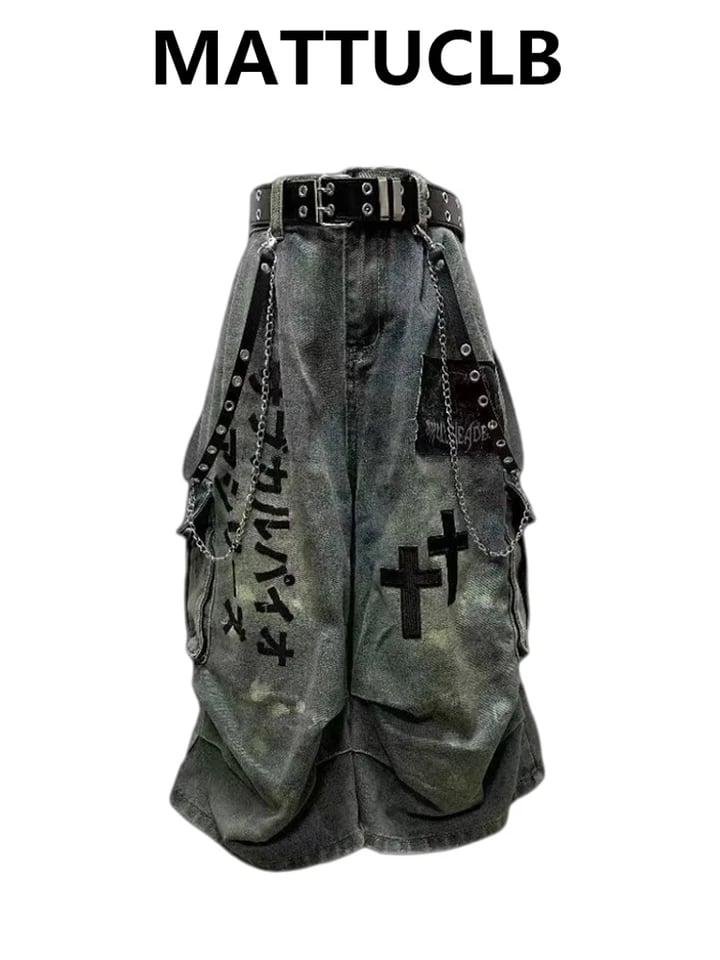 Dámské džínové kraťasy Y2K Grunge s překříženým ramínkem, délkou po lýtka, kyberpunkové gotické kraťasy