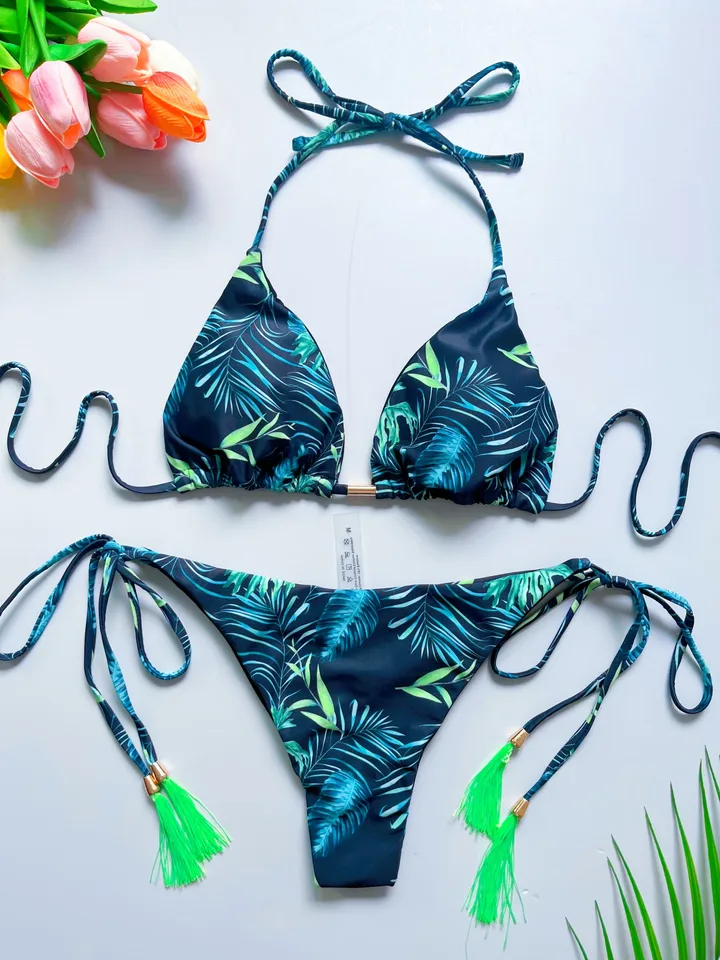 Sexy tisk bandáž bikiny set dvoudílný trojúhelníkový halter plavky brazilské plavky pro ženy