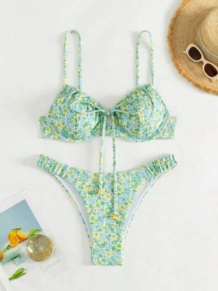 Dámské plavky s květinovým vzorem, push-up bikiny, dvoudílný set, tanga, plážové oblečení