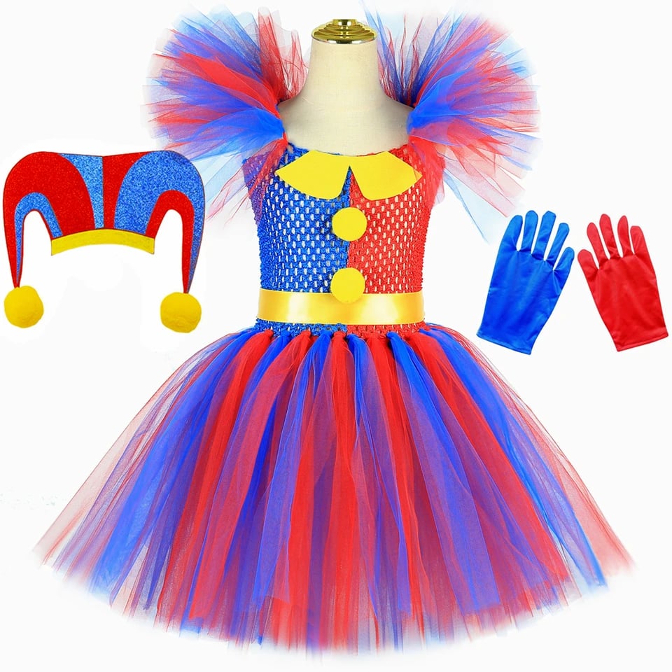 Dětský halloweenský klaunský tutu kostým - digitální cirkusový kostým pro dívky, párty, karnevalový outfit
