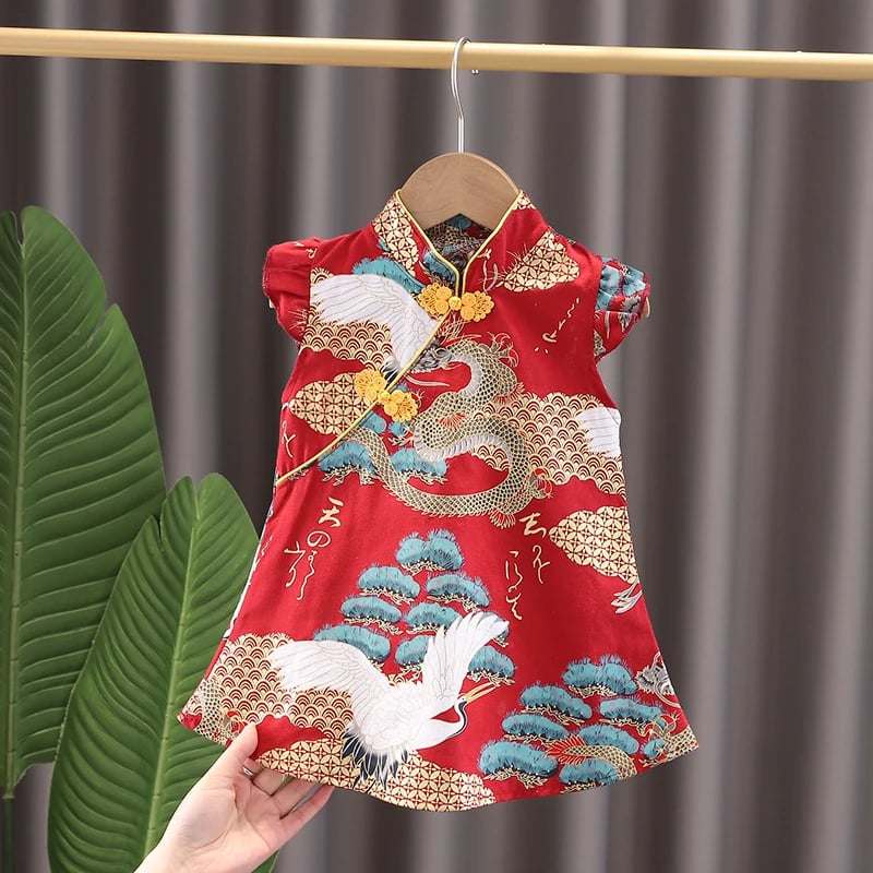 Dívčí tradiční šaty Qipao s letním potiskem, dětské batolecí oblečení pro batolata ve věku 0-6 let