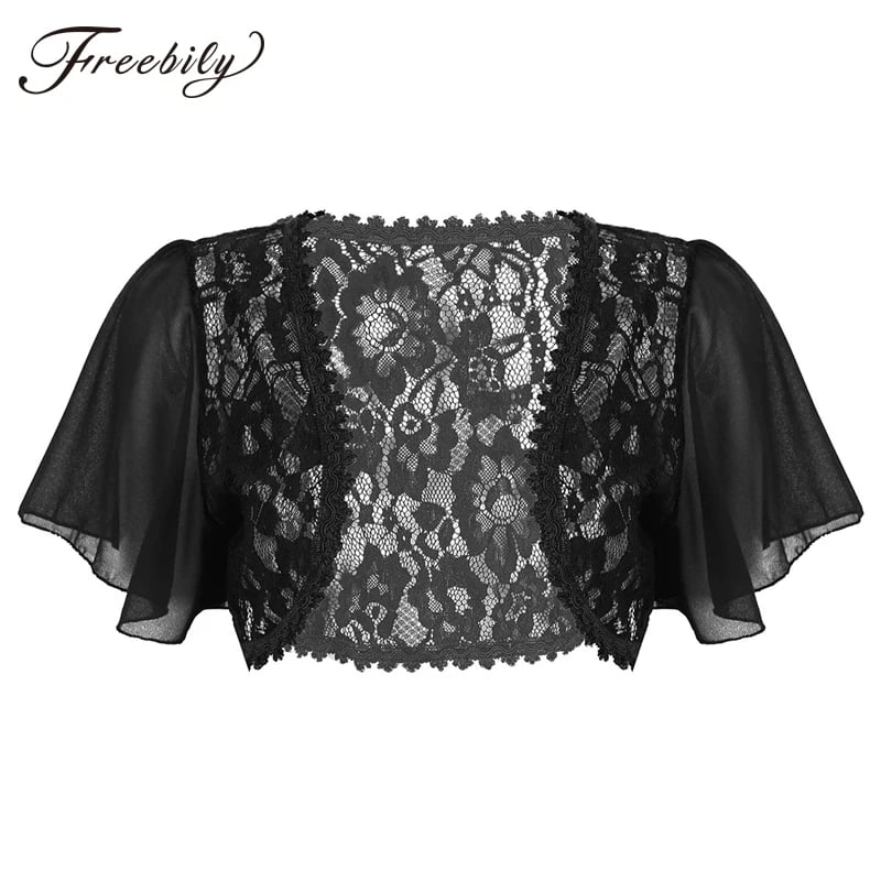 Women's Lace Bolero Shrug - Elegant Short Bell Sleeve Cropped Jacket for Wedding & Evening