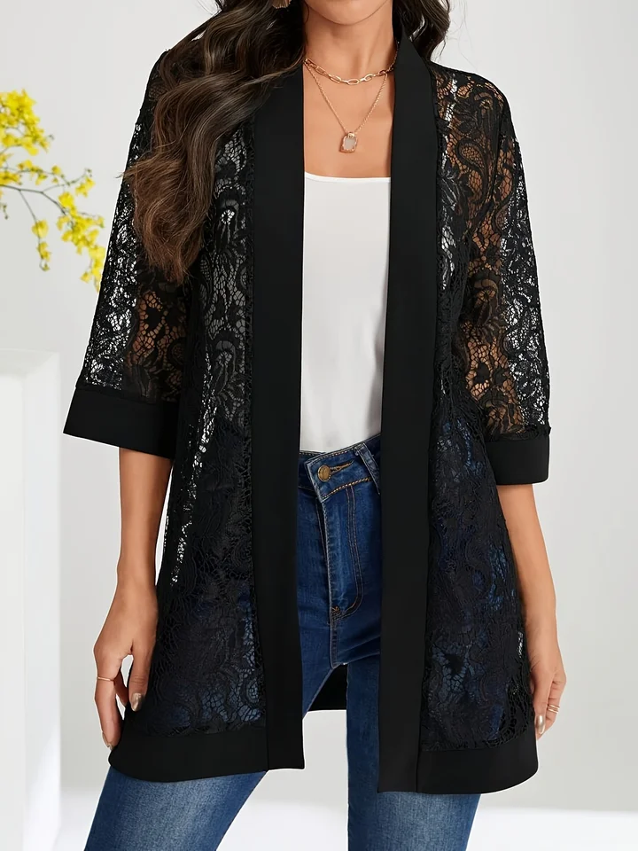 Women's Black Lace Cardigan Jacket Plus Size Floral Pattern Casual Stretch Fabric All Season