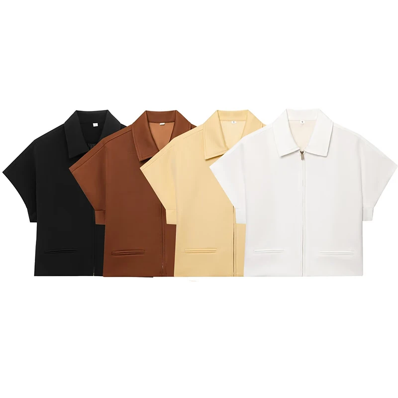 Women's Cropped Jacket Short Sleeve Turn-Down Collar Casual Coat Fashion Outerwear Top