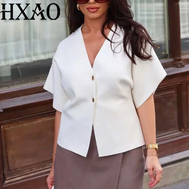 Women's White Knitted Jacket Short Sleeve Elegant Casual Sweater Coat Spring Autumn Outerwear