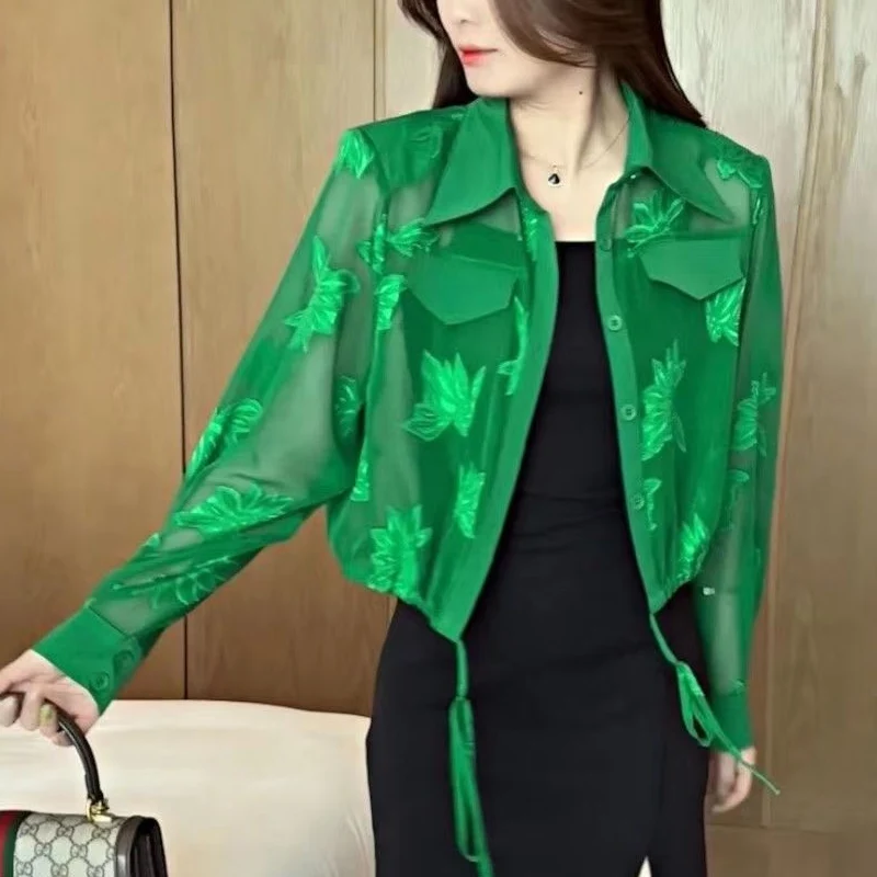 Women's Lightweight Long Sleeve Cardigan Jacket - Embroidered Button Front Summer Top