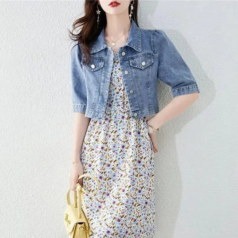 Women's Half Sleeve Denim Jacket Vintage Cropped Turn Down Collar Solid Blue Outerwear